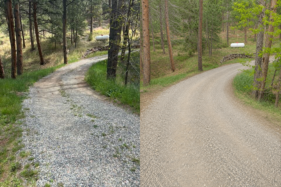 Gravel driveway before and after — lower section, Lee Hill Boulder County