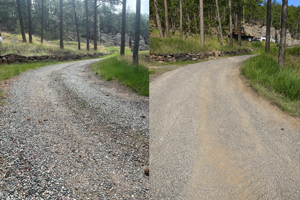 Gravel driveway before and after — mid section, Lee Hill Boulder County
