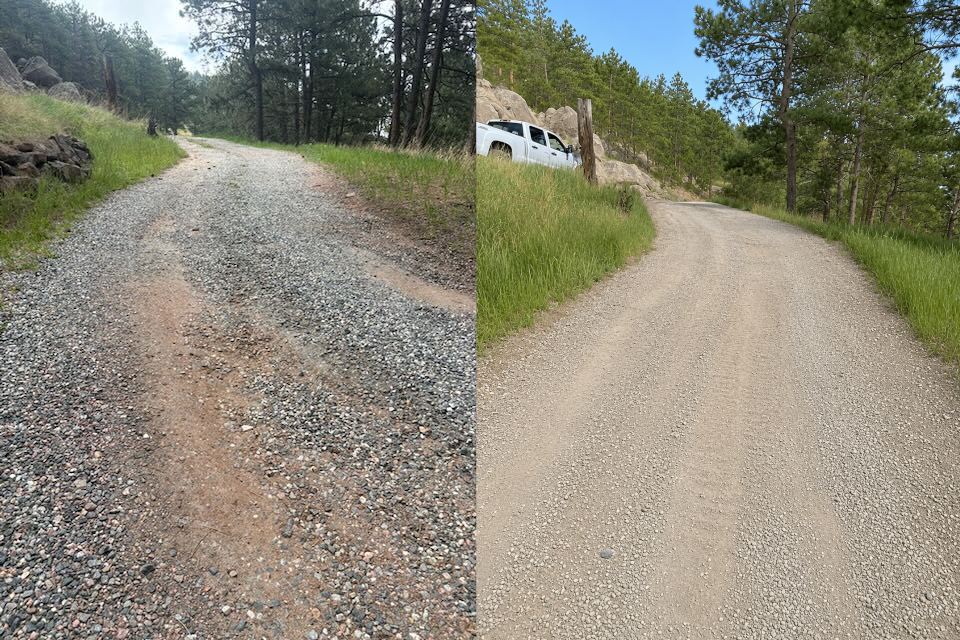 Gravel driveway before and after — upper section, Lee Hill Boulder County